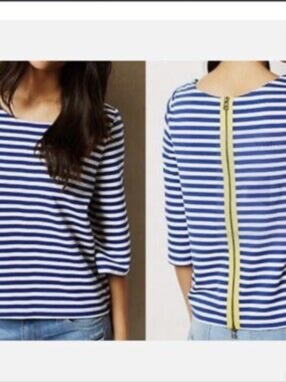 Anthropologie Blue White Striped Top w Yellow Zipper